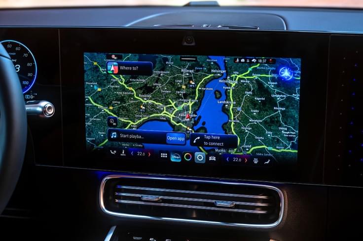 New MBUX system significantly enhances navigation; uses Google as its base. Mercedes-Benz CLA EV infotainment screen